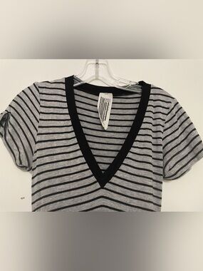 Free People Striped Deep V snap Bodysuit Size XS Heather grey and black stripe
